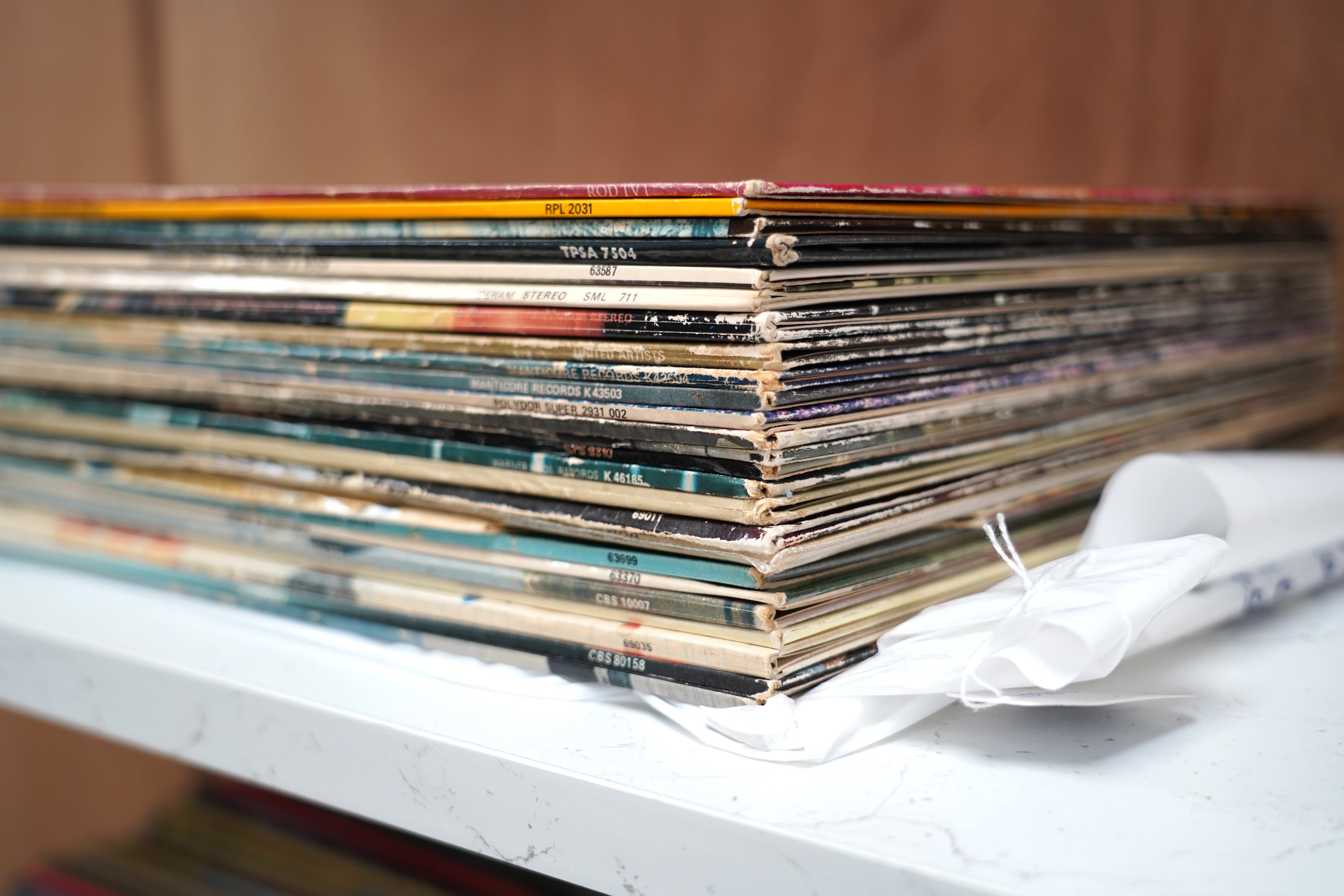 Twenty-six LP record albums, artists including; The Kinks, Rod Stewart, Deep Purple, Santana, Leonard Cohen, The Moody Blues, ELO, Focus, Fleetwood Mac, Rolling Stones, Simon and Garfunkel, etc.